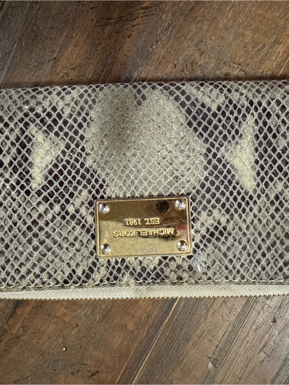 Michael Kors Metallic Snake-Print Wallet in Beige and Taupe with Gold Plate
